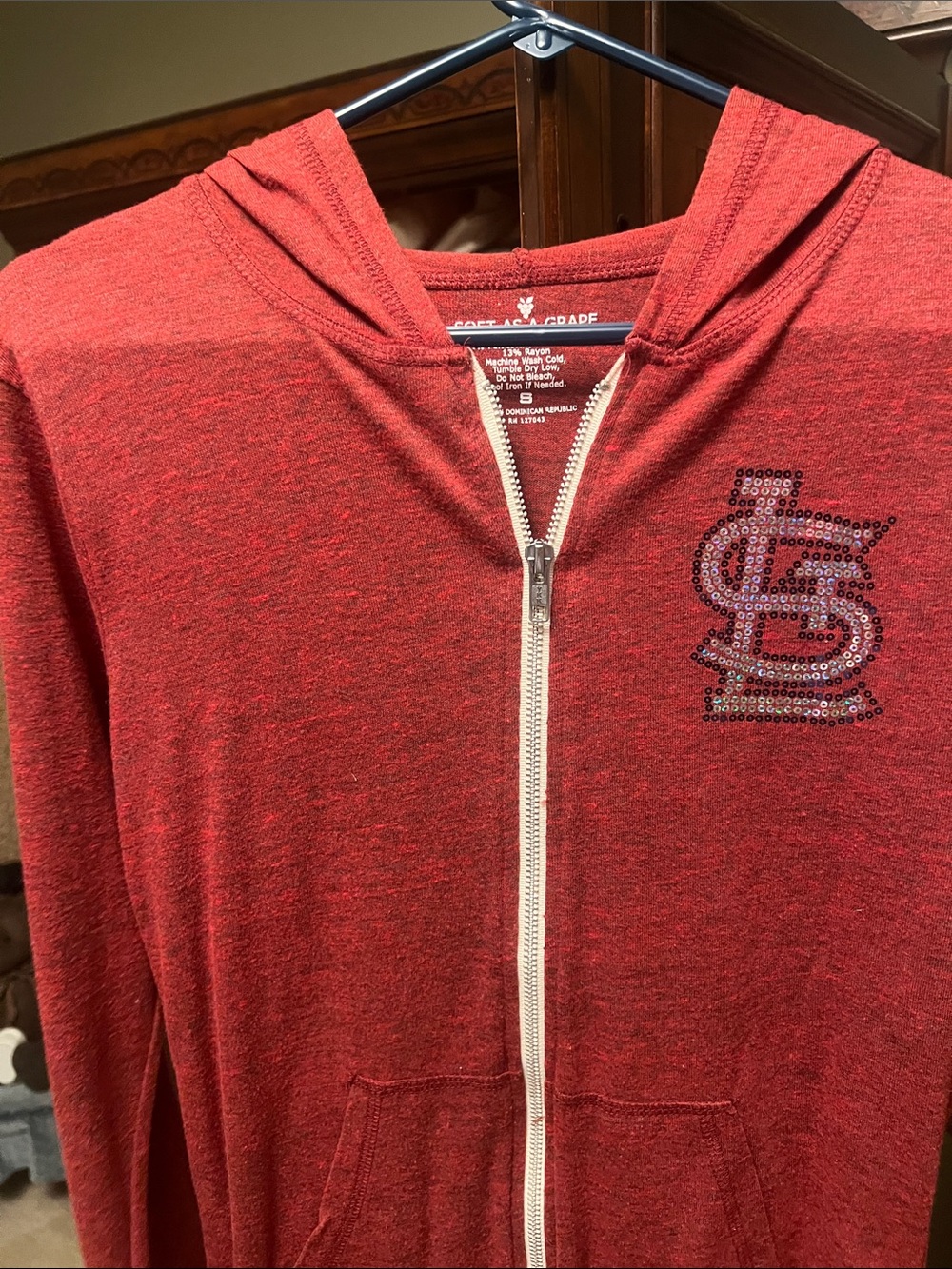 Red Zip-Up Hoodie with Rhinestone Logo